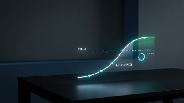 Efficiency progress chart with target and growth line in 3d