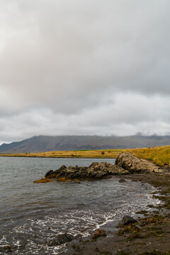 Rocky shoreline with grassy coast and mountains under cloudy skies