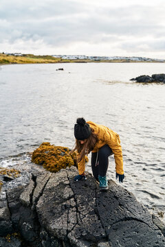 A white woman climbs volcanic rocks along a rocky shore