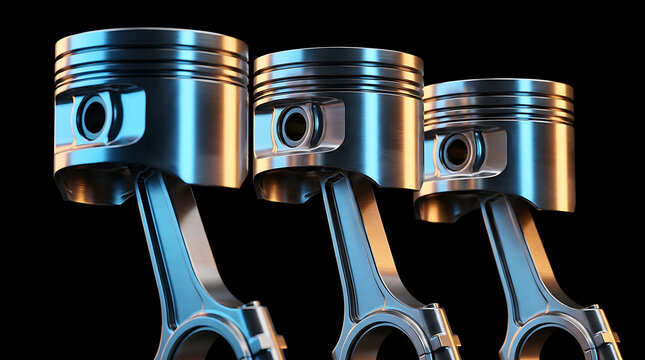 Industrial engine pistons with connecting rods featuring metallic precision design