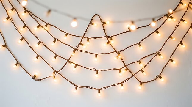 Draped string lights with warm glowing bulbs on a plain background