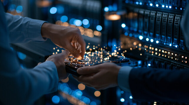 Cropped hands of technician installing or removing hard drive from server rack in bright data center IT environment concept technology maintenance indoor with copy space