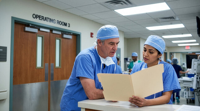 Surgeons Reviewing Blank Case File Outside Operating Room in Clinic