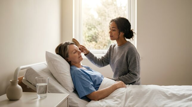 Young woman brushing hair of senior patient resting in hospital bed