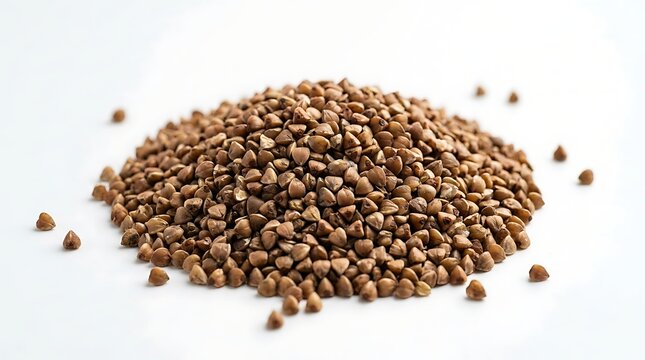 Pile of raw organic buckwheat groats on white background with isolated