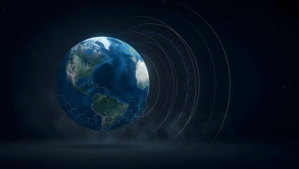 Fototapeta premium Translucent blue globe with fading geometric energy rings – Ideal for global peace concepts, nuclear disarmament, or international security.