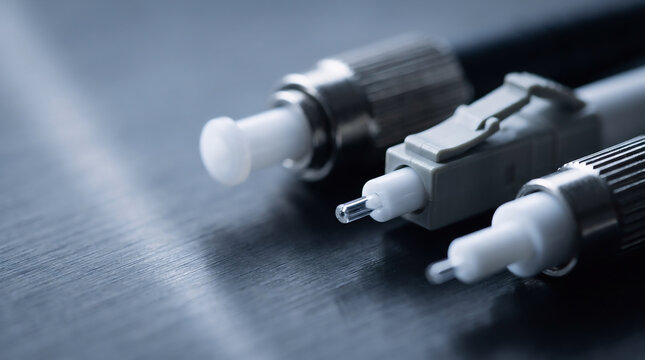 A close-up view of various fiber optic connectors including LC and FC types, showcasing high-speed network infrastructure technology and data transmission.