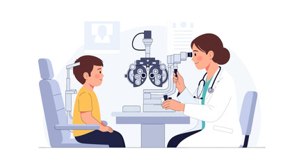 Obraz premium Optometrist examining child's eyes with ophthalmoscope in clinic, isolated
