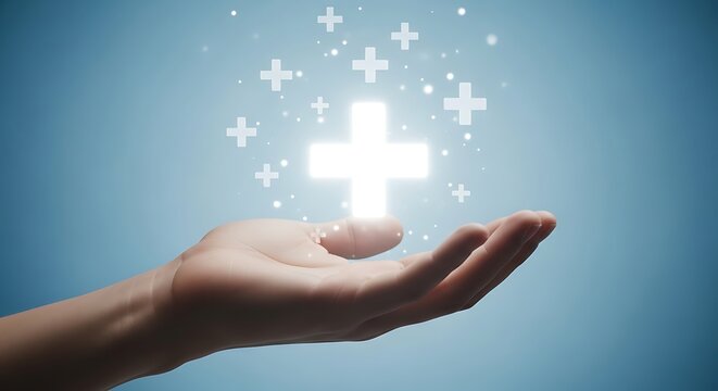 Glowing medical cross in hand, healthcare insurance concept, glowing plus sign for first aid and wellness services