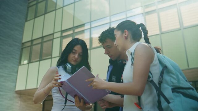 High school students stand together outdoors, engaged in collaborative study. They are reviewing a notebook, discussing their schoolwork in a group.