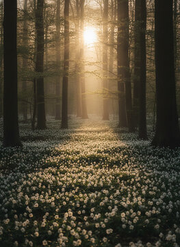 Golden sunlight in spring forest with snowdrops, sunny glade in spring wildflower woods, nature lighting photograph