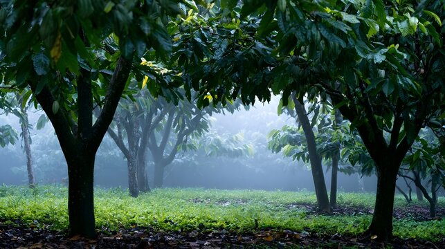 Rows of lush green trees stand tall under misty morning light  casting soft shadows on vibrant grass below