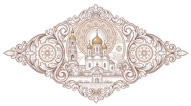 Optina Monastery in Ornamental Frame - Engraving Style Illustration