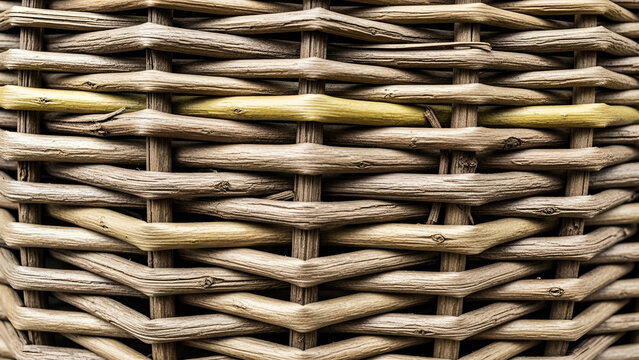 Detailed macro shot of natural brown woven wicker texture with light golden highlights and shadows
