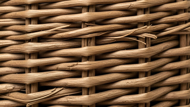 Woven wicker basket texture showing detailed light brown organic fibers in a macro close up shot