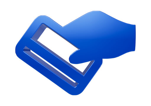 A vibrant glossy three dimensional rendering depicts a blue credit card being swiped through a card reader isolated on transparent background
