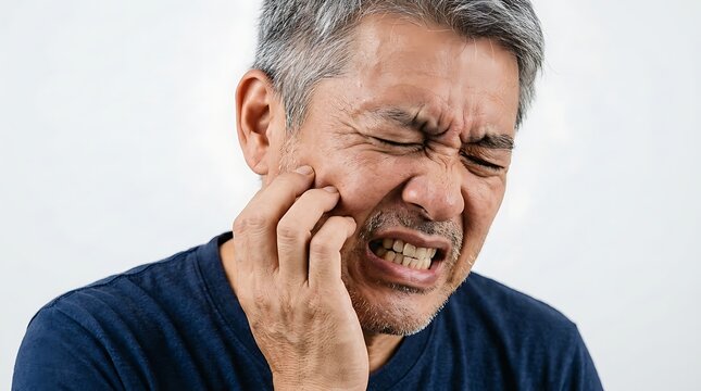 Senior man suffering from toothache clutching cheek in pain indoor