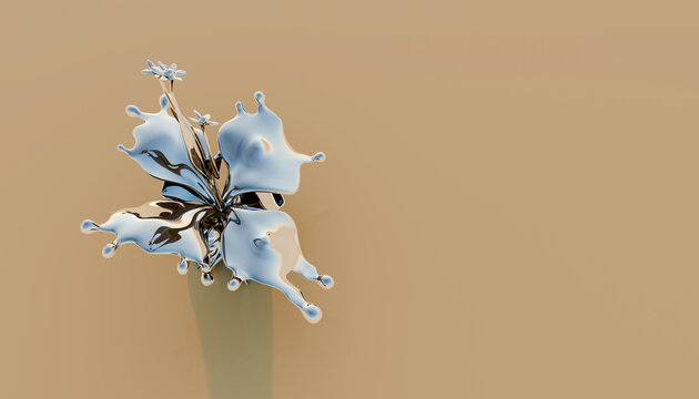 Silver liquid splash shaped like a flower on beige background