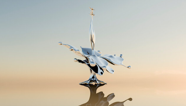 Silver liquid splash captured mid-motion on a reflective surface