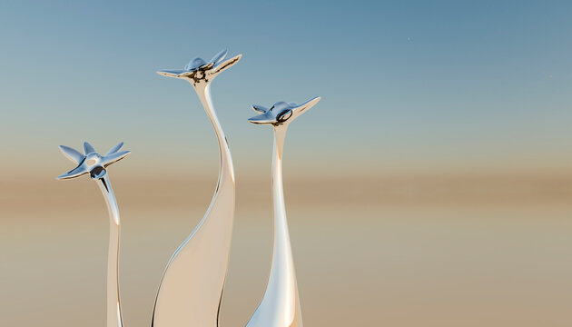 Three tall silver abstract sculptures stand against a blue sky