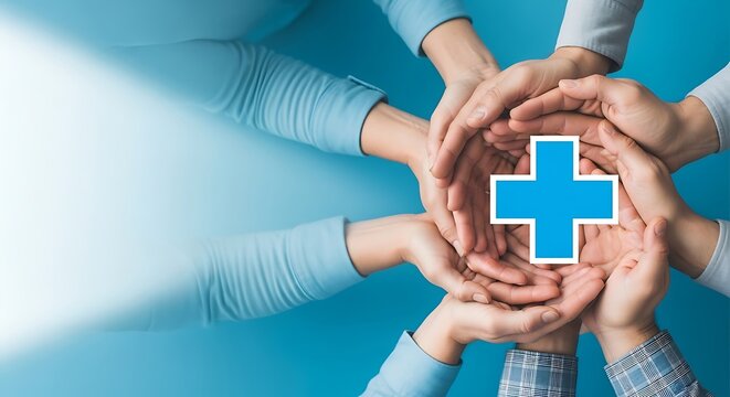 Medical healthcare cross icon held by diverse hands, blue community support concept, health insurance and medical aid symbol