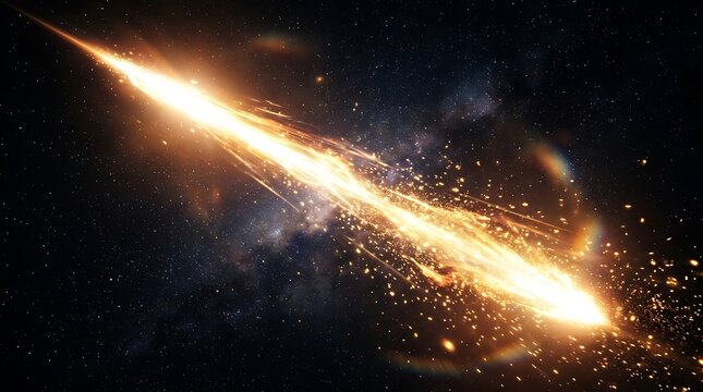 Fiery meteor or asteroid streak blazing across dark galaxy space