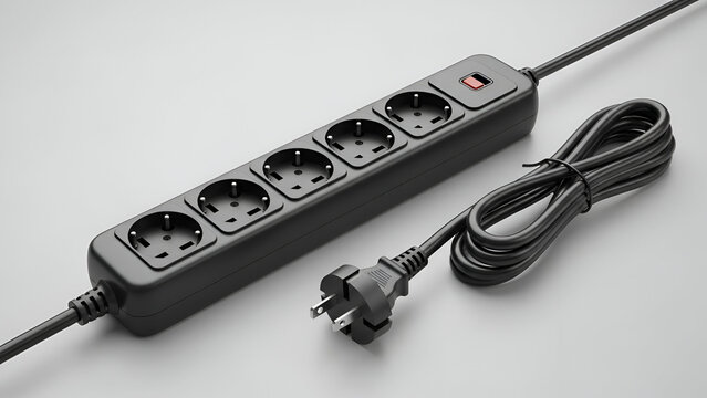 Black electrical power strip with multiple outlets and heavy duty extension cord for home office and industrial energy.
