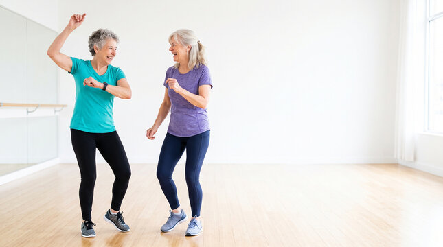 Senior women dancing together during active aging fitness and joyful social activity