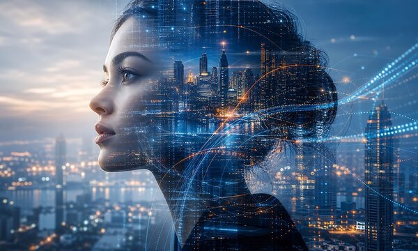 Woman's profile with digital circuit board overlay and glowing cityscape, representing technology and innovation