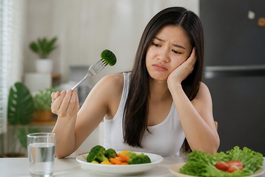 Young woman holding broccoli on a fork, looking unimpressed at a plate of vegetables