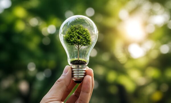 Hand holding a light bulb with a small tree growing inside against a blurred green background