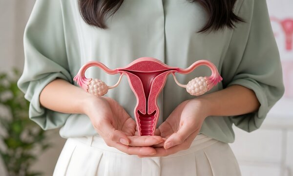 Hands holding a pink anatomical model of the female reproductive system with ovaries and fallopian tubes
