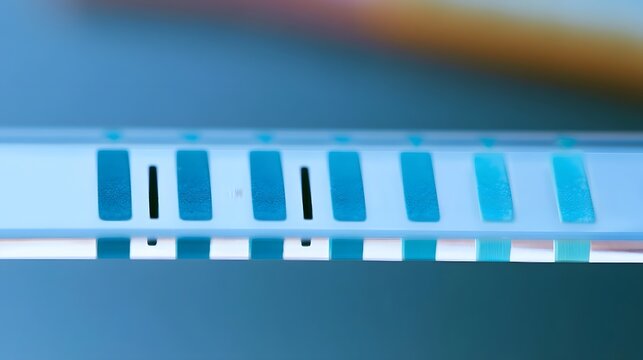 Close up of a diagnostic test strip showing blue reactive bands against a blurred background