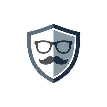 Shield icon with glasses and mustache face.