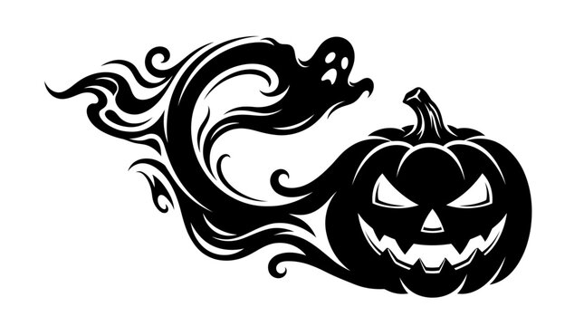 Halloween Halloween Vector Design. Tribal Pumpkin Jack O'Lantern. Fire Flame Ghost. Scarfy Autumn Holiday Tattoo Art. Black Silhouette Cut File vector