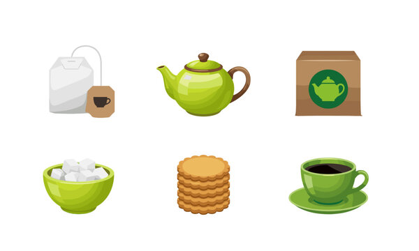 Green teapot with cookies and tea cup, hot beverage and snack vector illustration