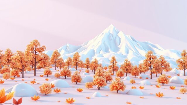 Low poly landscape. Mountains covered snow, orange trees dotting ground. Soft pastel colors create serene scene. Minimalist style.