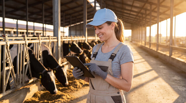 Female farmer using tablet in dairy barn, cows in stalls, sunlight streaming through the structure creating a warm atmosphere