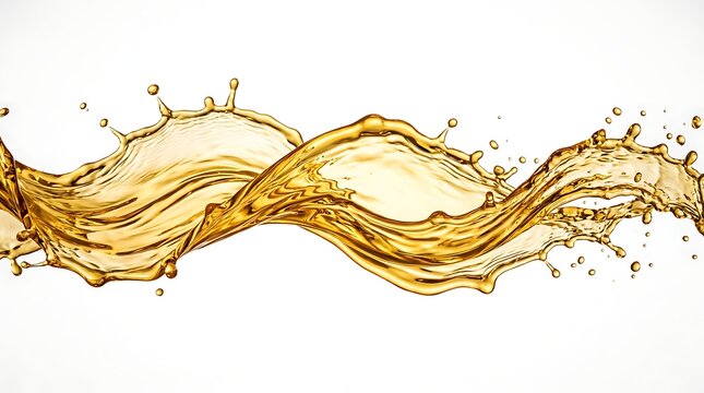 Golden liquid wave splash isolated on white background with movement