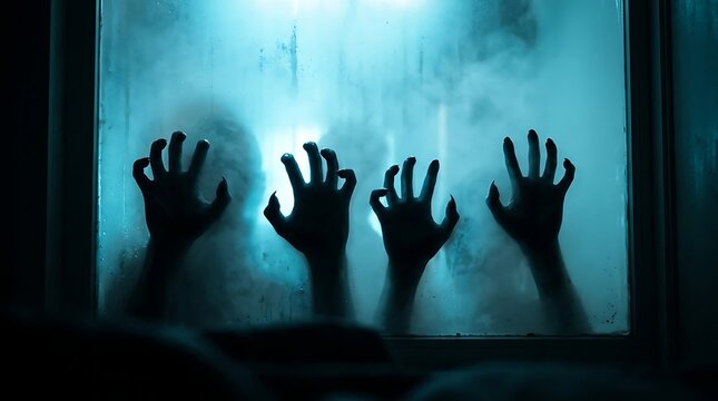 Scary silhouettes of hands pressing against frosted glass window