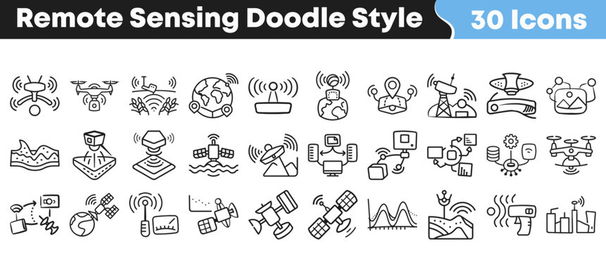 Remote sensing doodle style icons set featuring various technological satellite devices