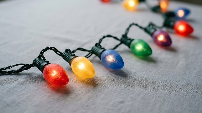 Glowing christmas string lights laid out on rustic fabric