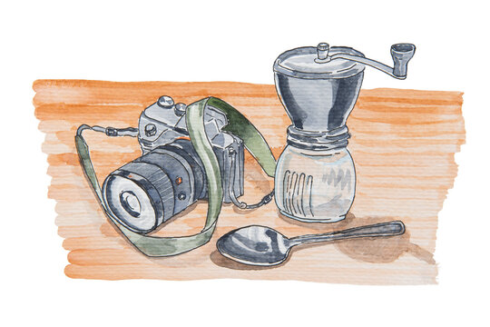 Camera, coffee grinder and spoon on wooden table Still Life Watercolor Illustration