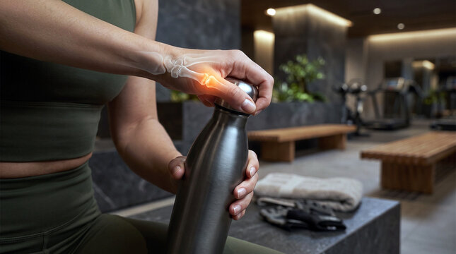 Woman in Gym Locker Room Opening Water Bottle with Thumb Joint Pain