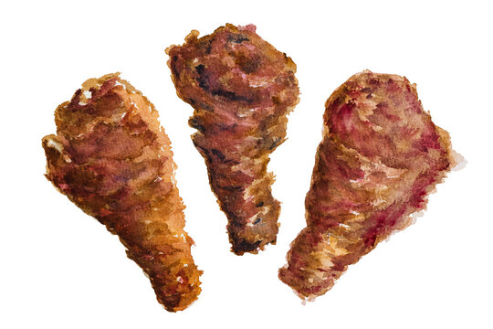 Korean Spicy Fried Chicken Drumsticks Watercolor Illustration