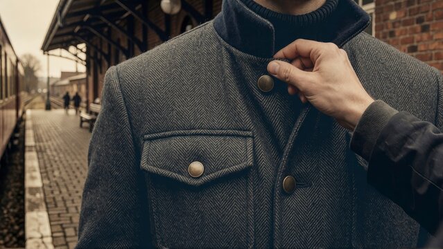 Man buttoning up a vintage tweed wool coat at an old train station platform