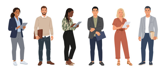 Obraz premium Diverse Business Team: Men and Women in Professional Attire with Tablets and Briefcases