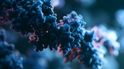 Fototapeta premium Abstract blue and pink glowing clusters form an intricate organic structure against a softly blurred background
