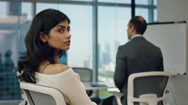 Framing woman in cream off-shoulder sweater turning to look left in conference room with flip chart