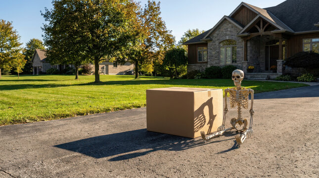 Halloween neighborhood hero beside cardboard box and skeleton on sunny suburban street
